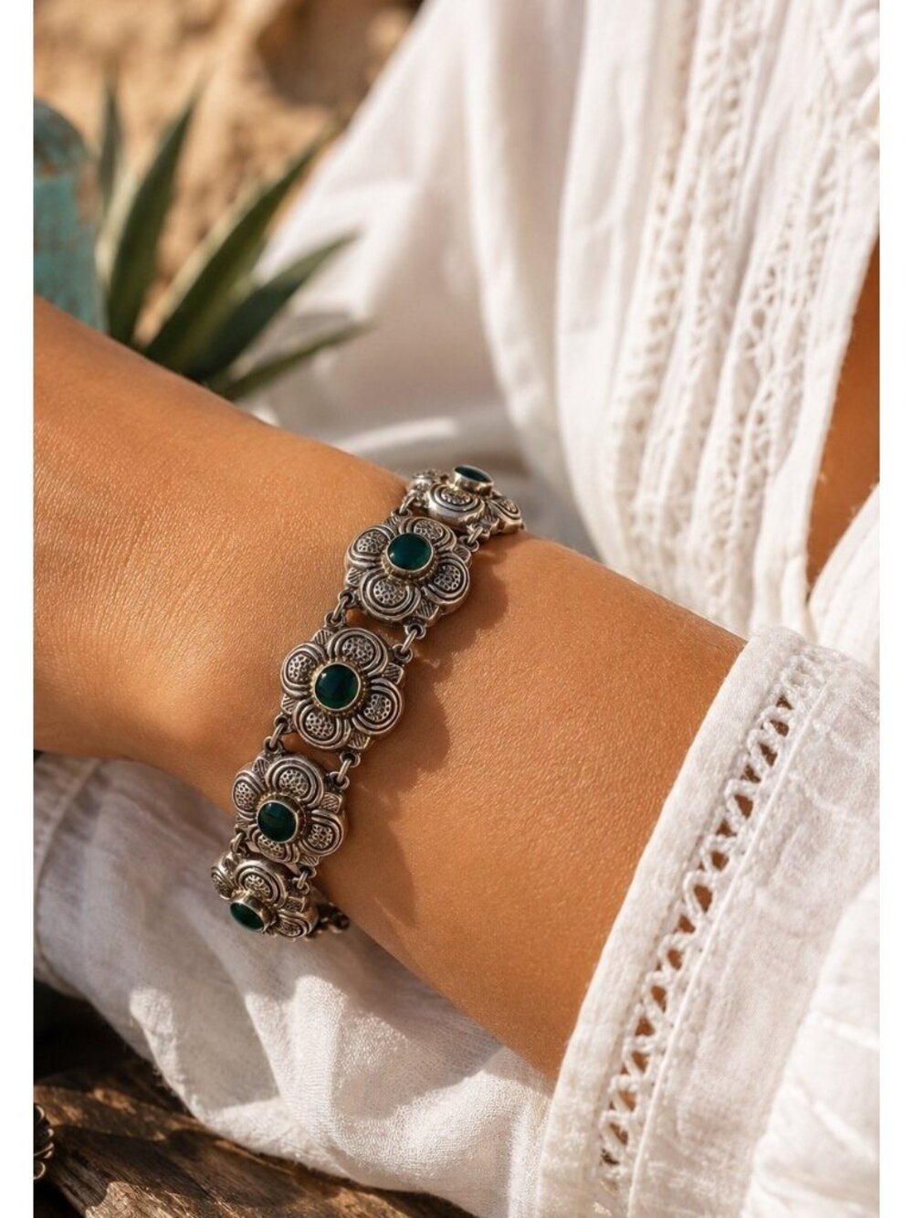 Vintage Marked ND 925 Sterling Silver Green Onyx Floral Link Statement Bracelet